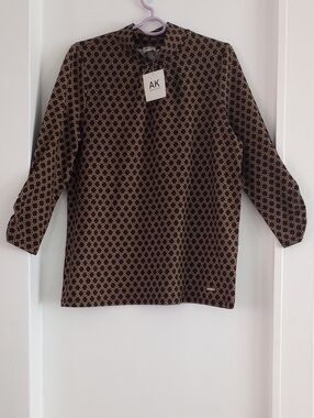 Anne Klein Cotton Black and Brown Geometric Print Blouse Size Medium